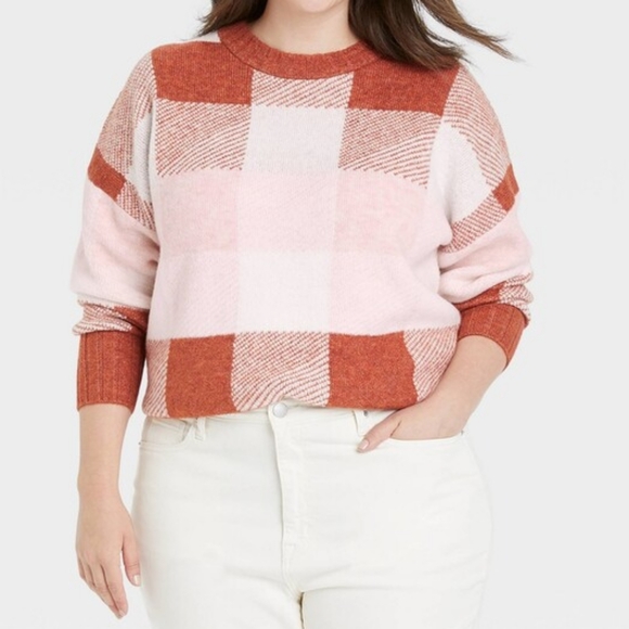 A New Day Plus Size Plaid Crewneck Pullover Sweater - Rust Brown/Pink/Cream - Picture 2 of 13